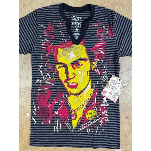 Iron Fist Sid Vicious Split V-Neck Graphic Tee XS NWT Punk Rock Striped Shirt - Picture 3 of 9